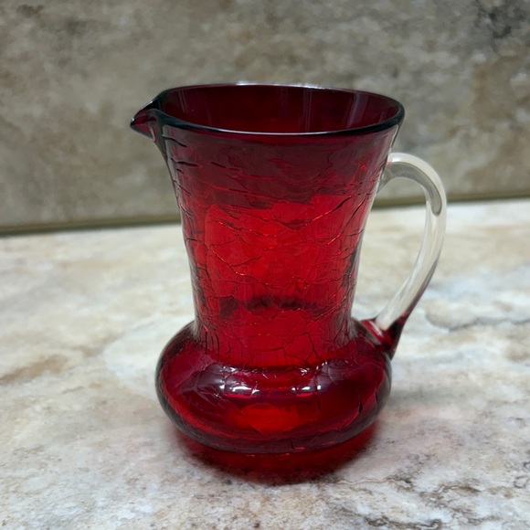 Vintage Pilgrim Glass Pitcher Red Crackle Glass Clear Handle 3 1/2" - Picture 2 of 12